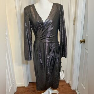 Adrianna Papell Wrap Dress Black Gunmetal Size 12 NWT Metallic Cocktail